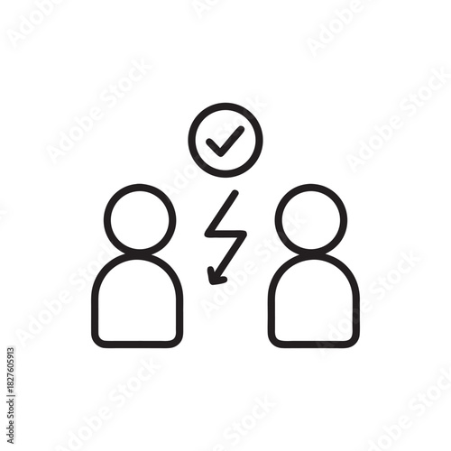 Team collaboration management icon black and white vector of two people communication and decision making with check mark symbol