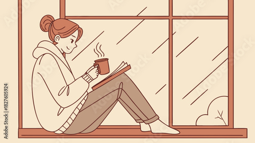Woman reading book by window with coffee mug cozy indoor scene illustration for relaxation and comfort concept