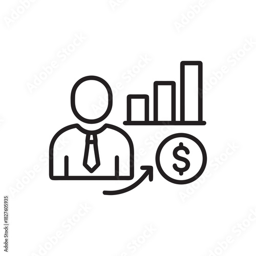 Business management icon with manager chart and dollar symbol black and white vector illustration