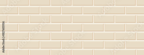 Illustration of a seamless, light beige subway tile wall, featuring a classic horizontal offset brick pattern with a subtle bevel effect