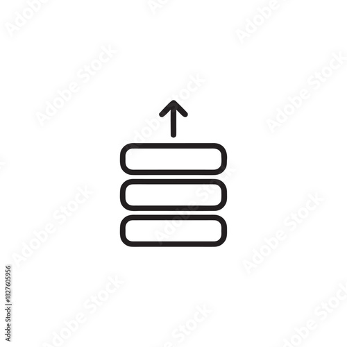 Black and white management icon stack of levels with upward arrow symbol for growth and progress