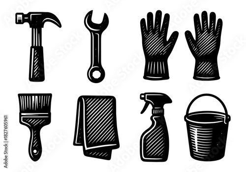 Vintage black and white cleaning and repair tools