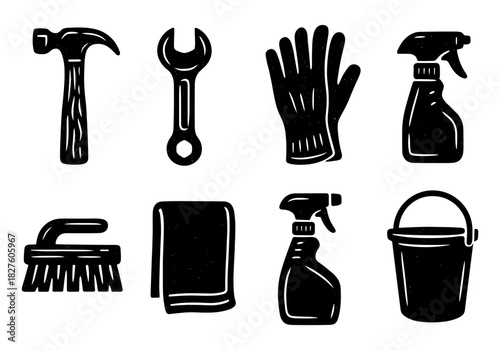 Silhouette tools and cleaning supplies set in vintage style