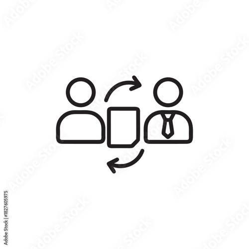 Black and white management icon of employee and manager exchanging document and feedback
