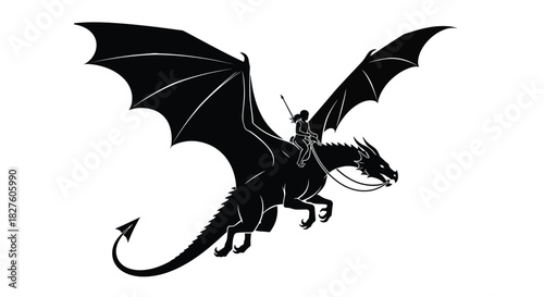 Flying Dragon and Rider Black Silhouette Illustration