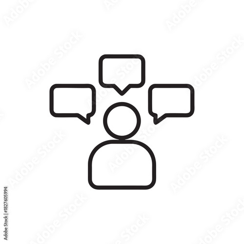 Black and white vector icon of manager with speech bubbles communication and management concept