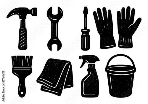 Monochrome vintage tool set: hammer, wrench, screwdriver, gloves, brush, cloth, spray, bucket