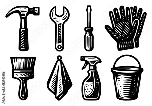 Vintage style hand tools and cleaning essentials set in monochrome design