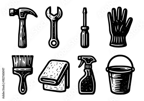 Vintage hand drawn tools for home improvement and diy projects