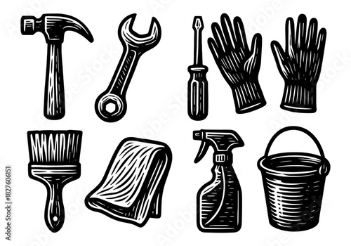 Vintage hand-drawn tools and cleaning supplies collection