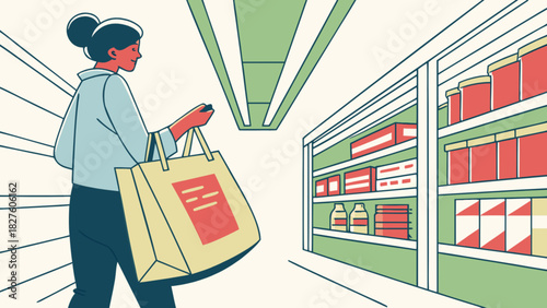 Woman shopping grocery store with bag looking at shelves filled with food products and necessities