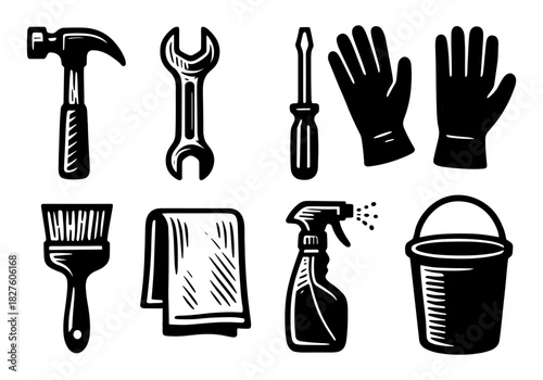 Handyman tool kit: essential black and white icons for home repair and maintenance