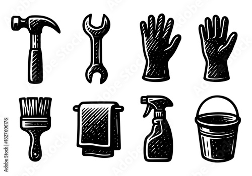 Set of vintage hand drawn tools and cleaning supplies icons