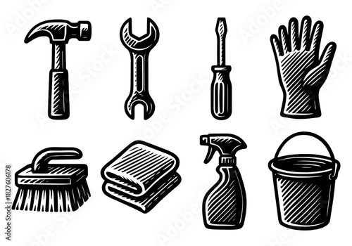 Vintage tools and cleaning supplies: retro style hammer, wrench, and more