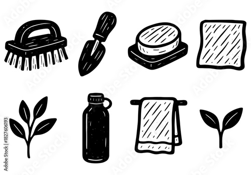 Simple doodle of eco-friendly cleaning and gardening tools