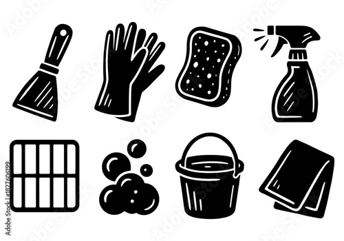 Essential cleaning tools collection in black silhouette style for home and office maintenance