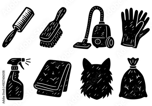 Hand drawn pet grooming and cleaning essentials icons set