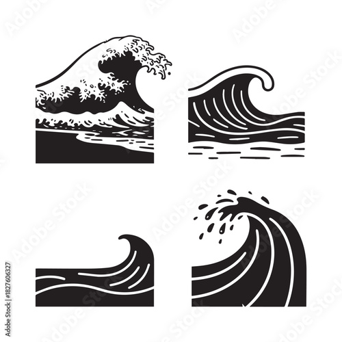 Black and white vector icons of ocean waves in various vintage styles.