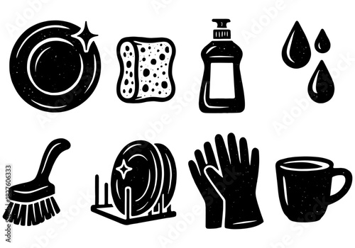 Retro kitchen cleaning icons: dishes, sponge, soap, and more in vintage style