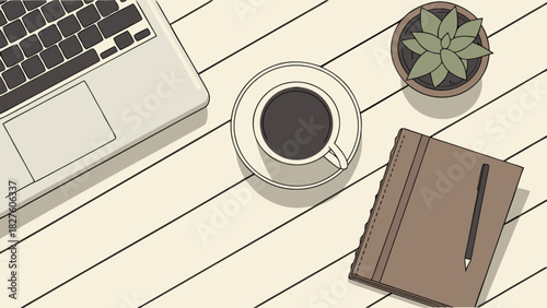 Laptop coffee plant and notebook on desk workspace for productivity and study illustration vector design