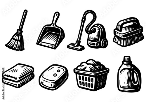 Hand drawn cleaning tools set featuring broom, vacuum, and detergent bottle icons