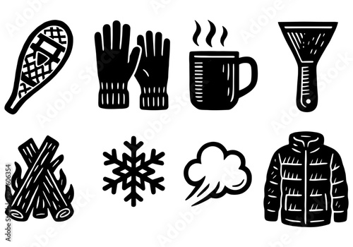 Winter essentials: cozy icons featuring gloves, snowflake, and hot drink