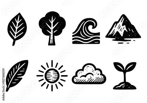 Nature icons: hand drawn symbols of earth, water, and sky elements