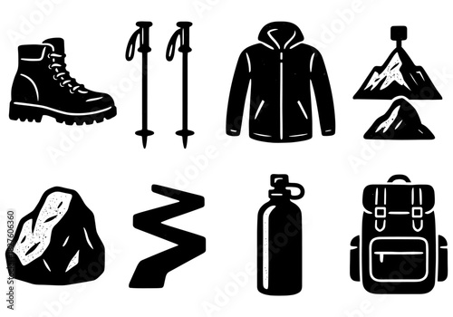 Essential hiking gear icons: boots, backpack, and more in monochrome style