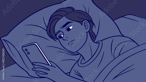 Man using phone in bed at night insomnia sleep problems late night scrolling social media mobile addiction