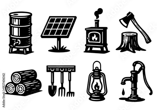 Rustic icons collection with solar panel, lantern, and tools