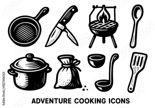 Adventure cooking icons set featuring camping utensils in hand drawn style