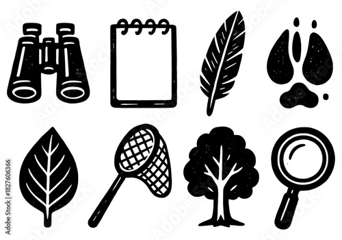 Hand drawn nature exploration icons set: binoculars, notepad, feather, paw, leaf, tree, magnifying glass