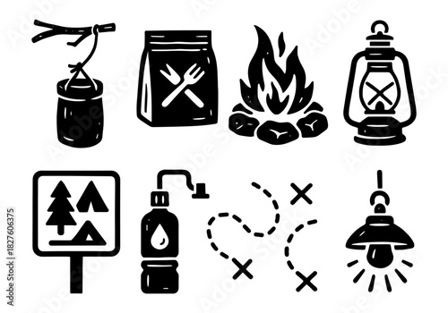 Camping essentials icons: lantern, fire, map, food, water, and signage