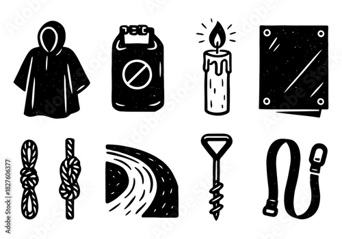 Hand-drawn camping gear icons: poncho, gas, candle, tarp, rope, marshmallow, stake, belt