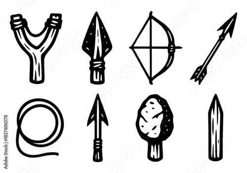Set of hand drawn primitive hunting tools including bow, arrow, spear, and sling