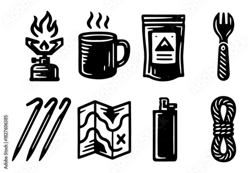 Hand-drawn camping gear icons: stove, mug, map, rope, utensils, lighter, tent pegs