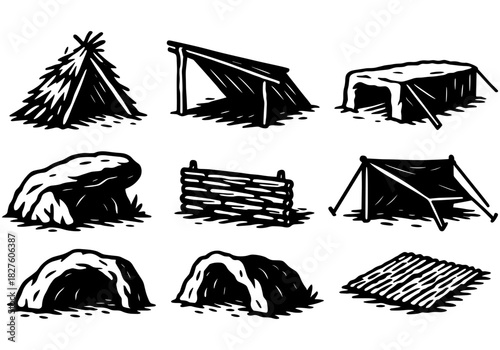 Hand drawn wilderness shelters: diverse outdoor survival structures