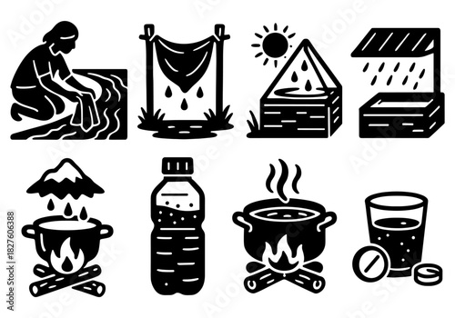 Essential water purification icons: simple black silhouettes for clean water solutions