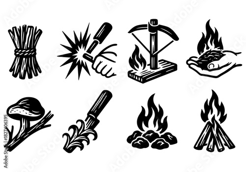 Essential survival icons: fire making, tools, and campfire symbols in bold black design