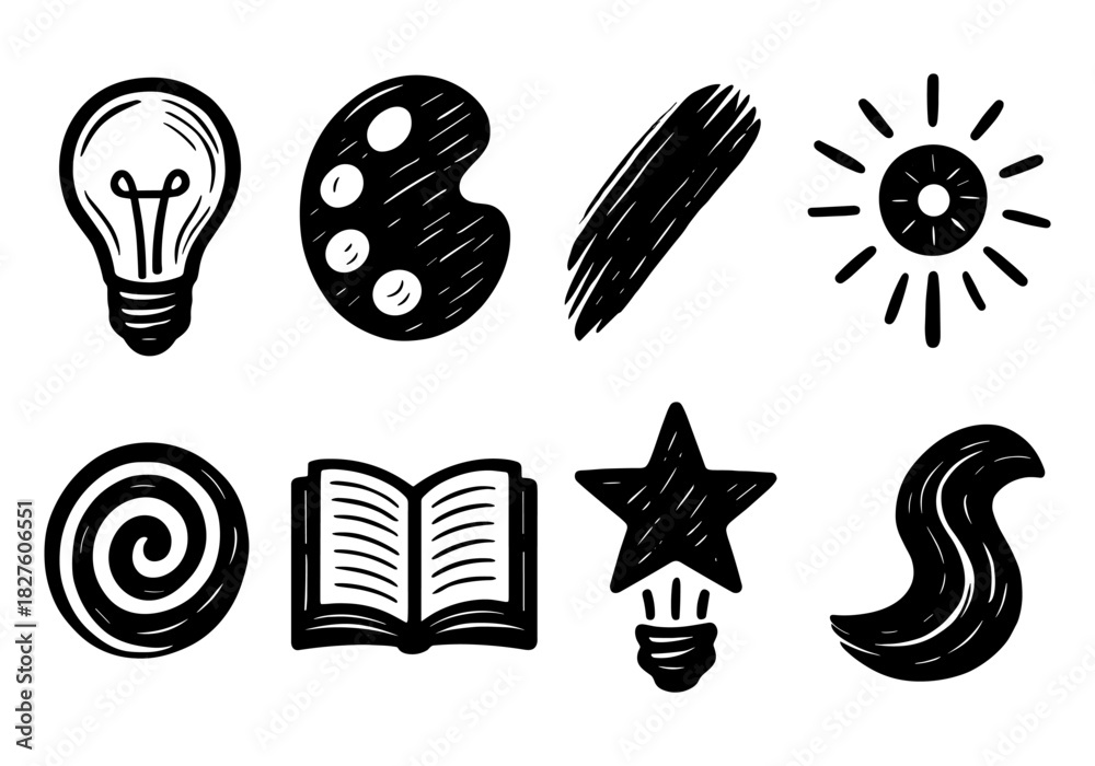 Fototapeta premium Hand drawn creativity icons set featuring light bulb, art, star, and spiral designs