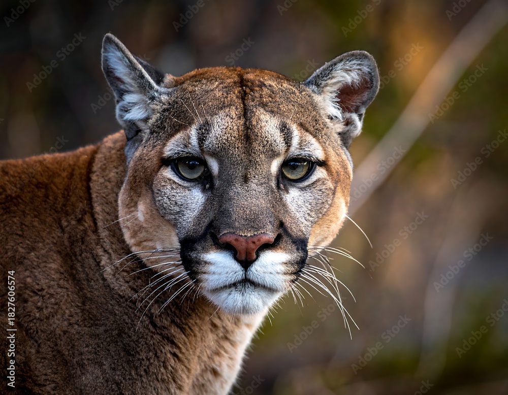 Naklejka premium Close-up of a majestic cat with amber fur, captivating eyes, and a focused gaze. Background is blurred