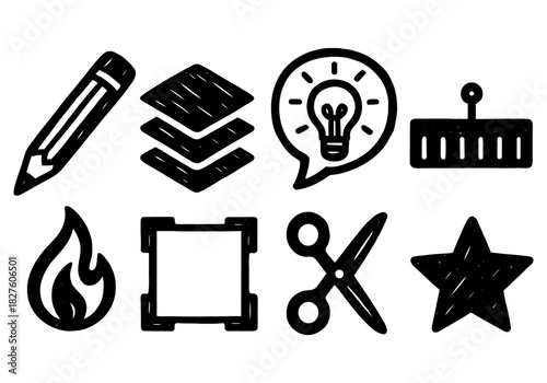 Hand drawn icon set with pencil, light bulb, scissors, and star designs