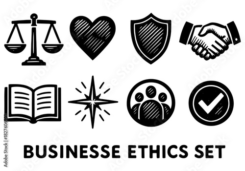 Business ethics icons: heart, shield, handshake, scale, book, star, people, checkmark