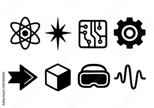 Science and technology icon set: minimalist black and white symbols