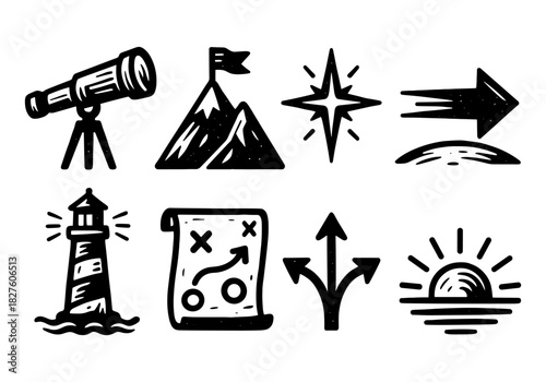Adventure and exploration icons: telescope, mountains, compass, arrows, lighthouse, map, sunrise