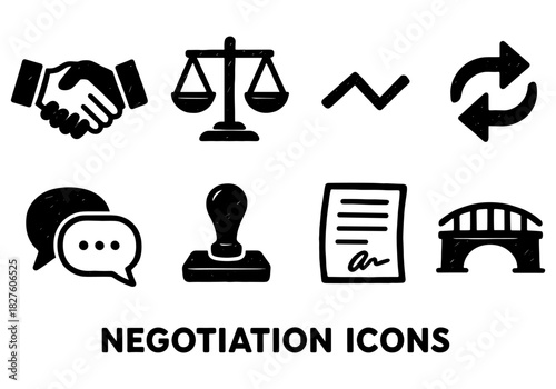 Hand drawn negotiation icons set with communication and agreement symbols
