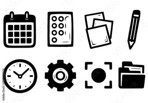 Hand-drawn office icons set: calendar, clock, gear, pencil, clipboard, folders