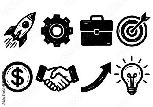 Business growth icons set: rocket, gear, briefcase, target, dollar, handshake, arrow, bulb