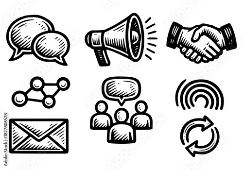 Hand-drawn business icons: communication, networking, and collaboration symbols