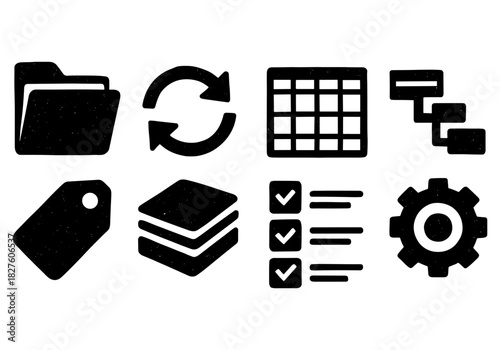 Set of grunge icons: folders, synchronize, grid, flowchart, tag, layers, checklist, gear